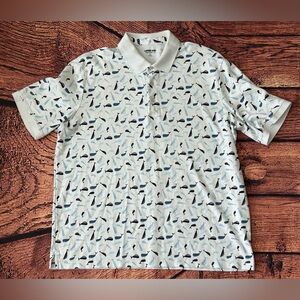 Lands‎ End Polo Mens L Blue White Whale Print Logo Short Sleeve Shirt